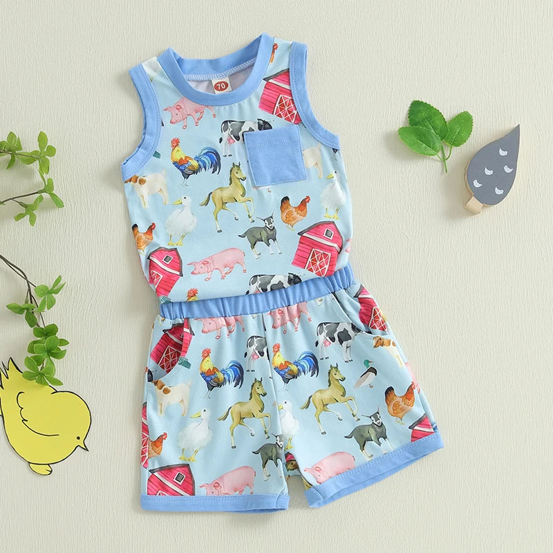 Baby Toddler Boys 2Pcs Tractor Farm Animal Sleeveless Tank Top Elastic Waist Shorts Outfit Summer Clothes Set