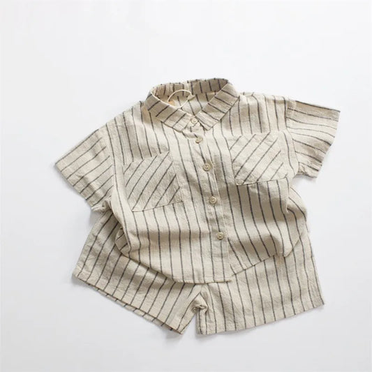 Boys Striped Cotton Linen Shorts Set