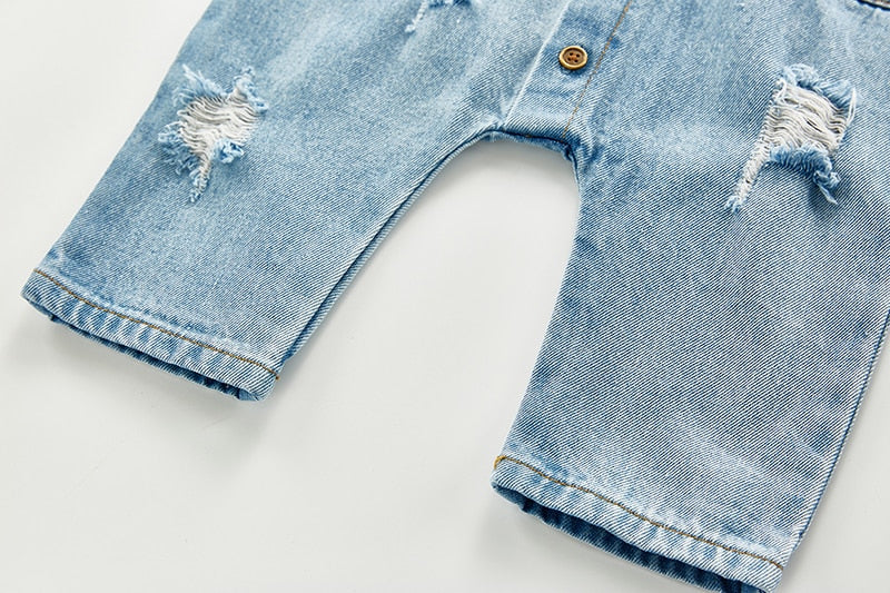 Long Sleeve Distress Denim Jumpsuit Romper
