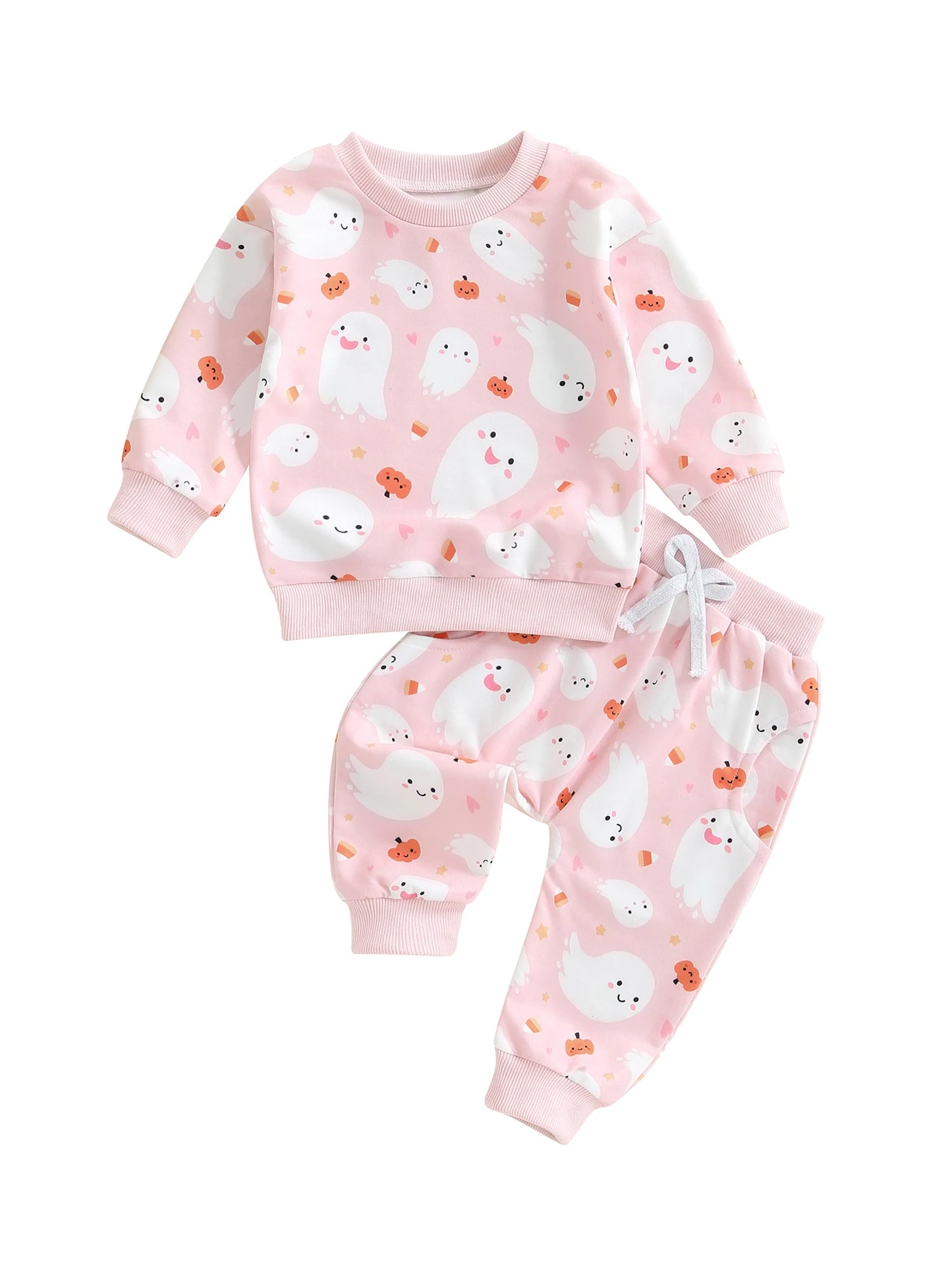 Baby Toddler Girls 2Pcs Halloween Outfit Ghost Pumpkin Print Crew Neck Long Sleeve Top and Pants Set