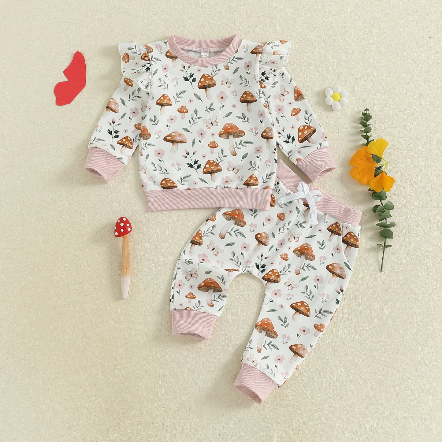 Baby Toddler Girl 2Pcs Fall Outfit Long Sleeve Mushroom Floral Print Top + Pants Jogger Set Clothes