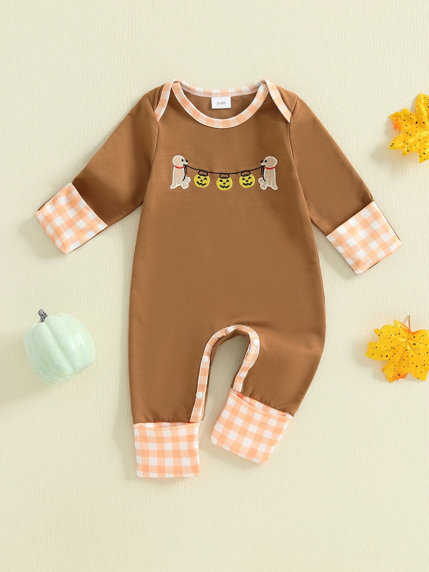 Baby Boys Halloween Romper Pumpkin Dog Embroidery Long Sleeve Round Neck Plaid Jumpsuit