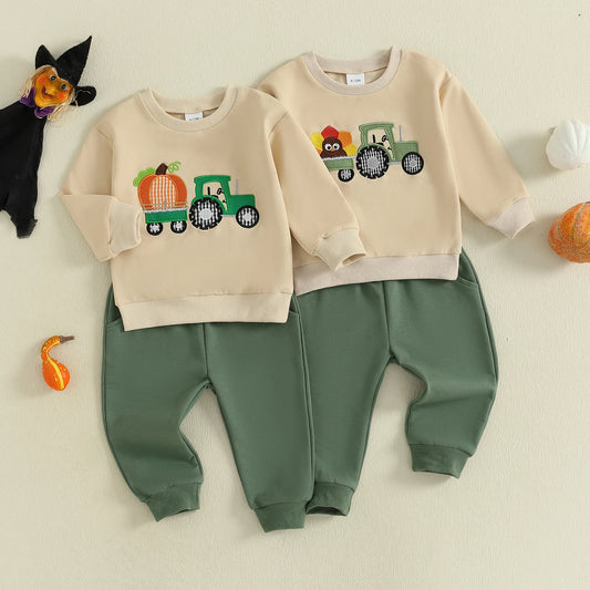 Baby Boy Fall Outfit Pumpkin Turkey Tractor Embroidery Long Sleeve Sweatshirt and Elastic Pants Clothes