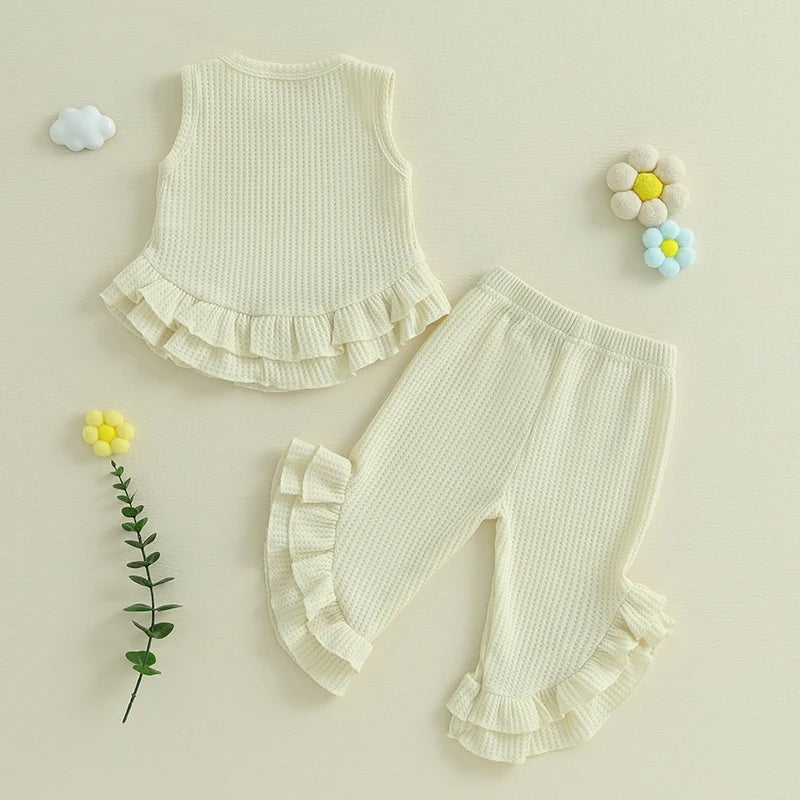 Baby Toddler Girl 2Pcs Summer Outfit Solid Waffle Round Neck Ruffled Tank Top with Long Pants Set