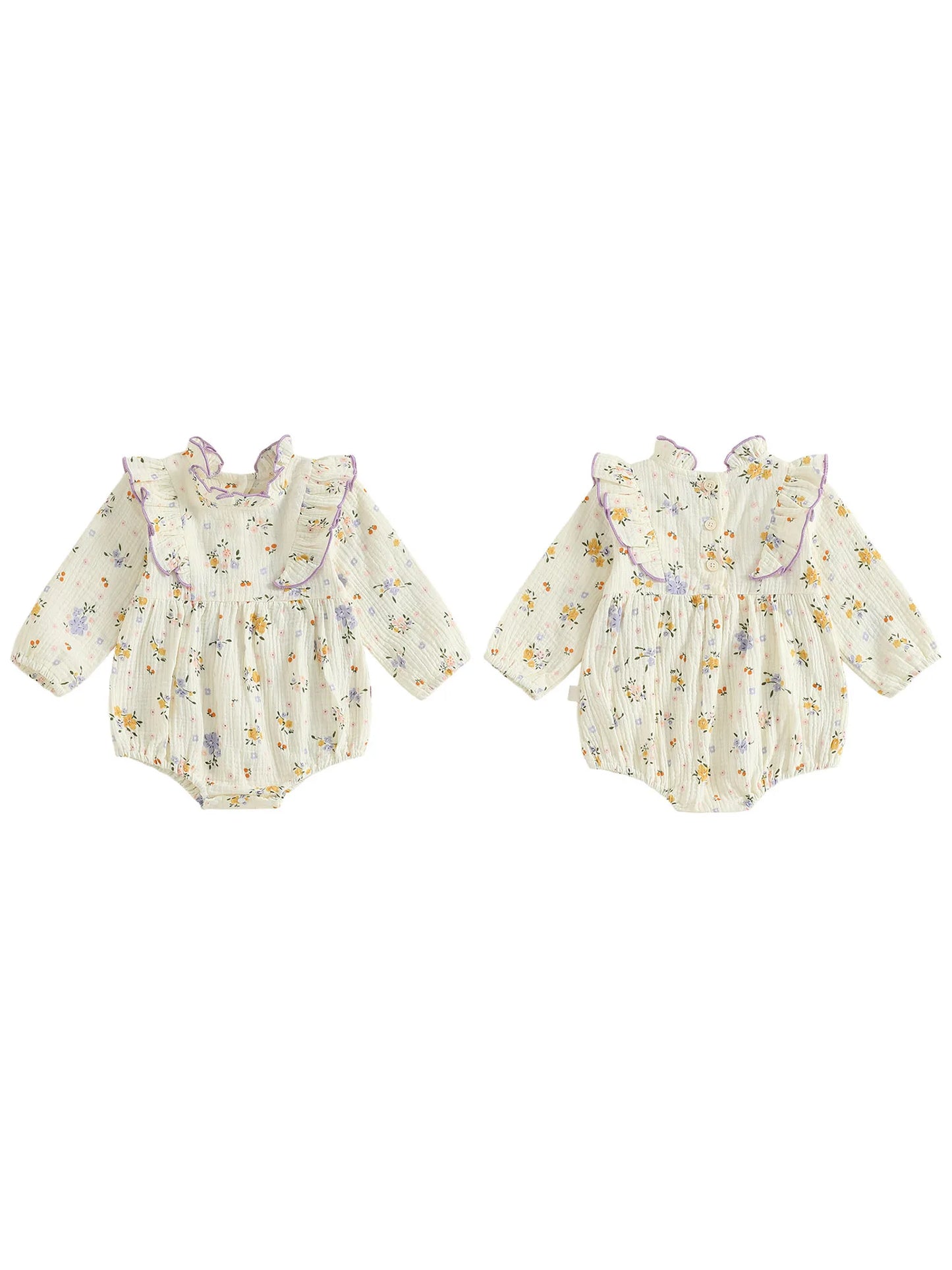 Baby Girl Fall Bubble Romper Floral Print Long Sleeve Frill Mock Neck Ruffled Jumpsuit