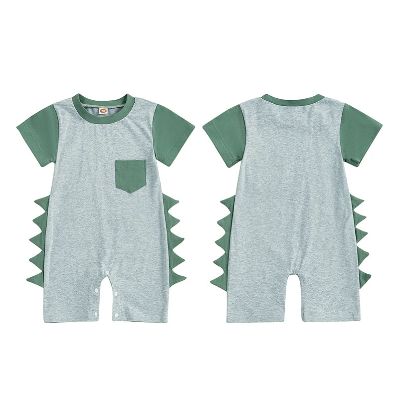 Baby Boy Summer Romper Short Sleeve Round Neck Contrast Color Dinosaur Spikes Jumpsuit Playsuit