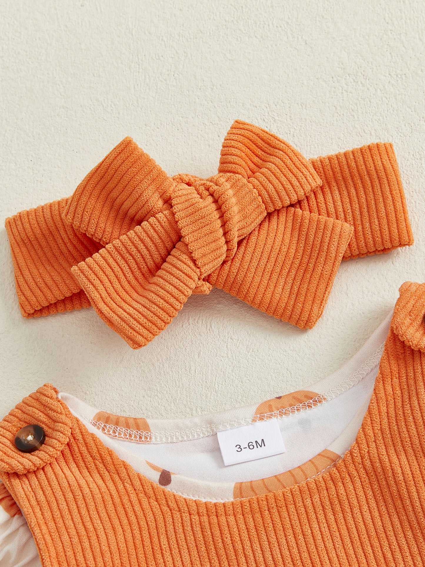 Baby Girls 3Pcs Halloween Outfit Pumpkin Ruffle Long Sleeve Romper Overall Dress Headband Set
