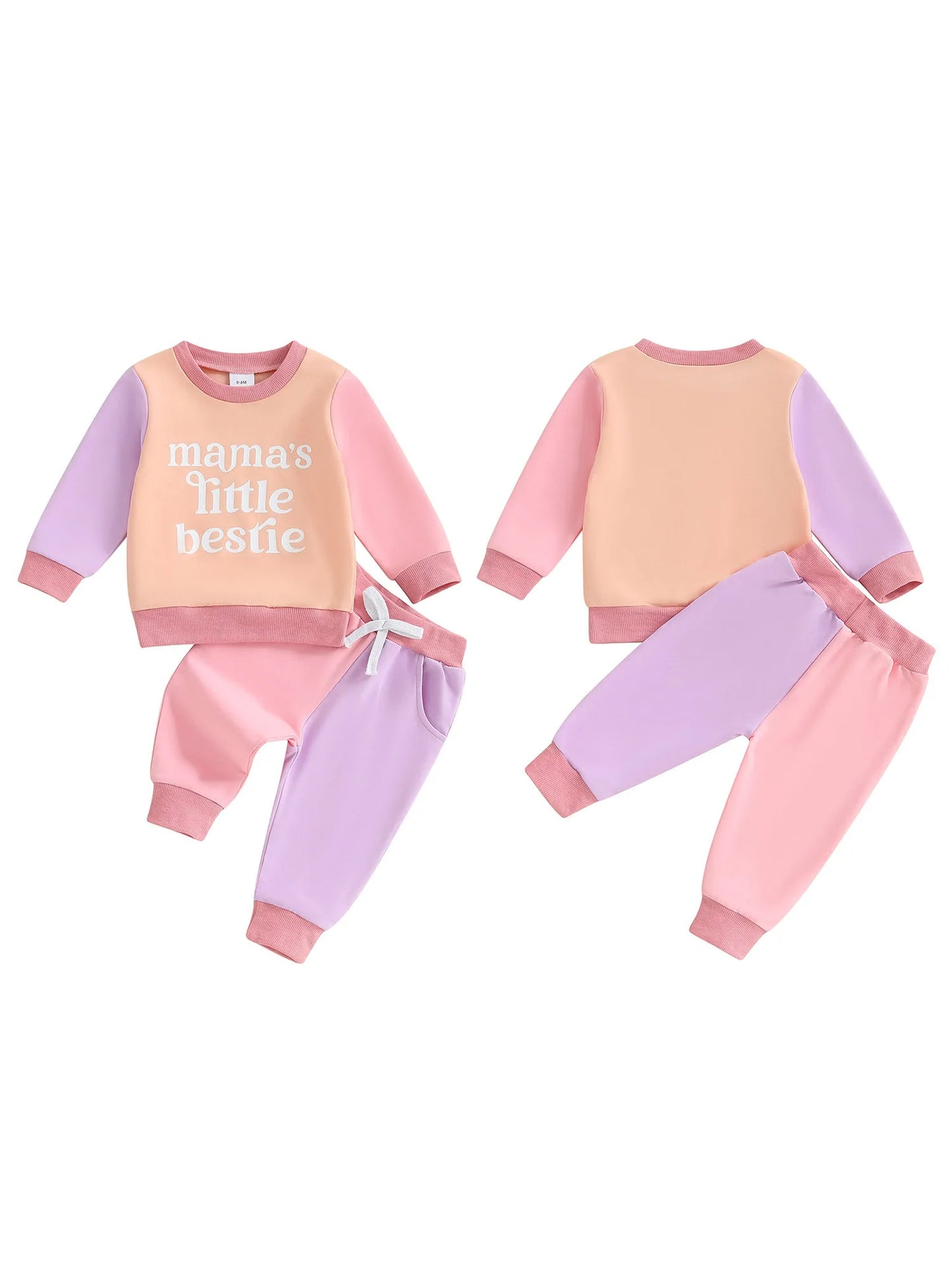 Baby Toddler Girls 2Pcs Mama's Little Bestie Long Sleeve O Neck Contrast Color Top Drawstring Pants Jogger Set