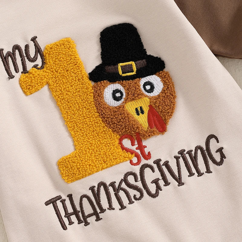 Baby Boy My First Thanksgiving Romper Casual Turkey Letter Embroidery Long Sleeve Jumpsuit