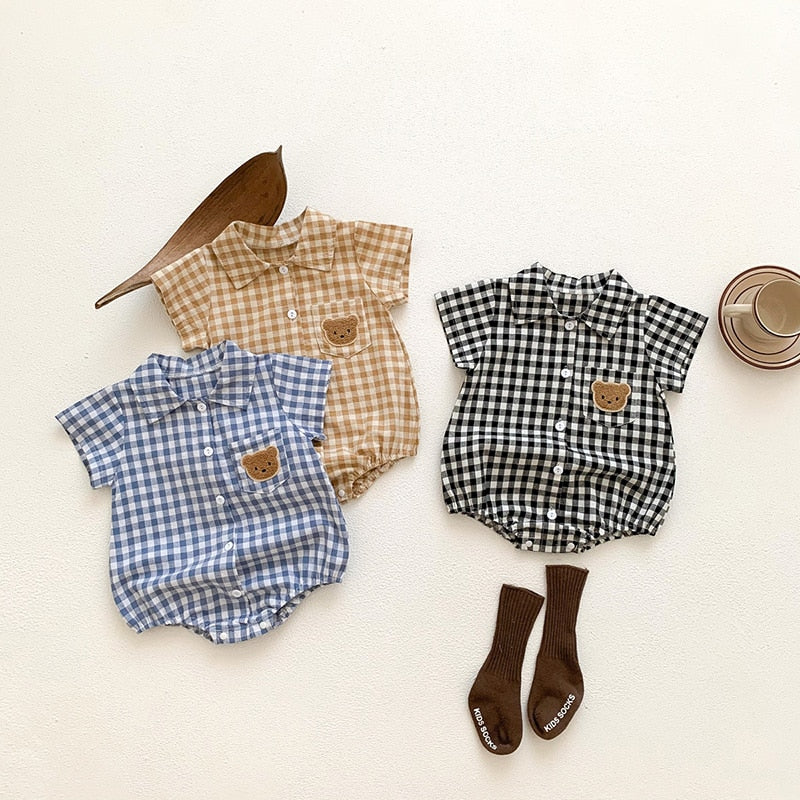 Boys Plaid Bear Patch Bodysuit Romper