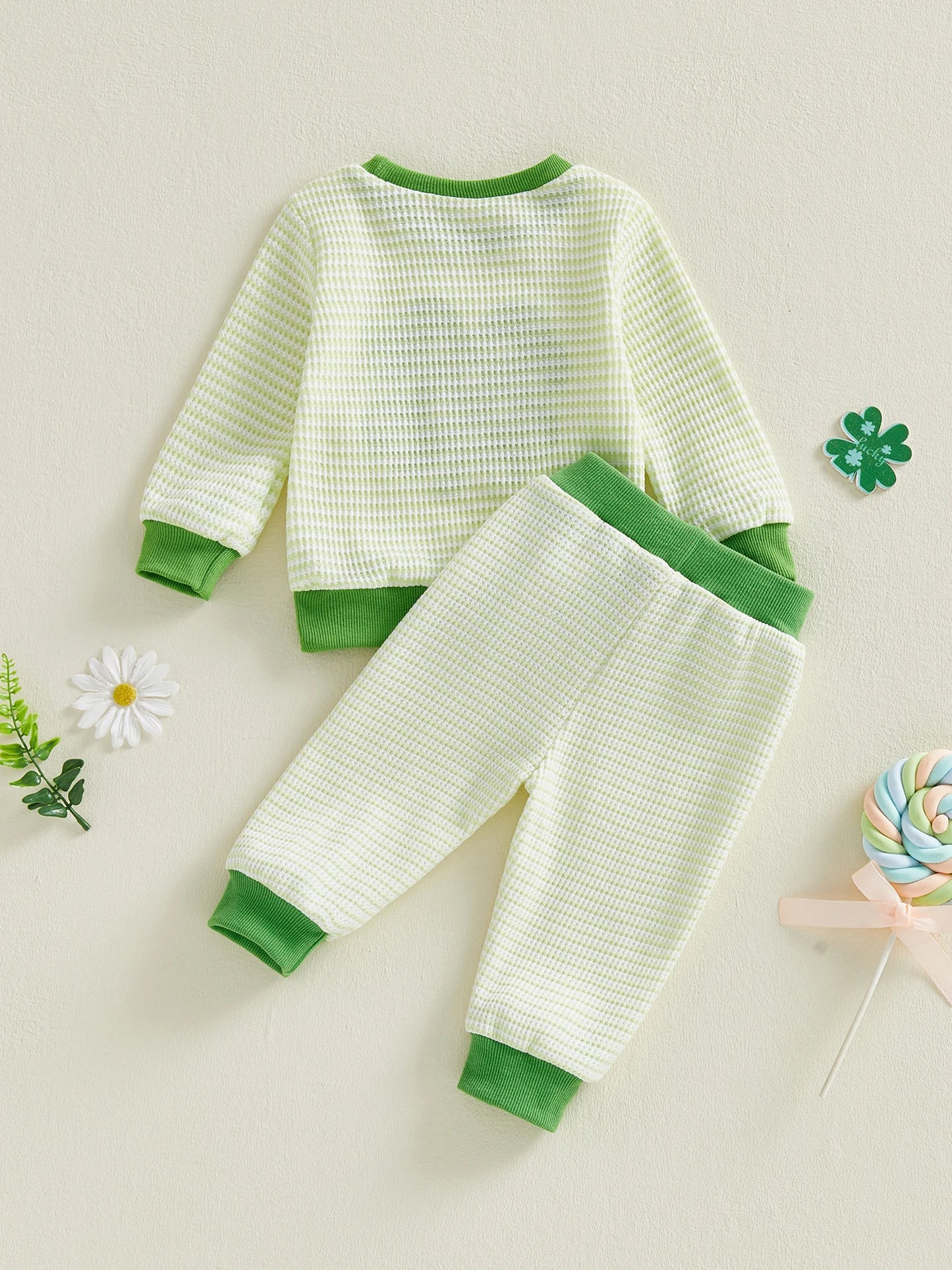 Baby Toddler Boys Girls 2Pcs Irish Clothing Set Fashionable Long Sleeve Shamrock Embroidery Pullover Top with Pants St. Patrick's Day Outfit Jogger Set