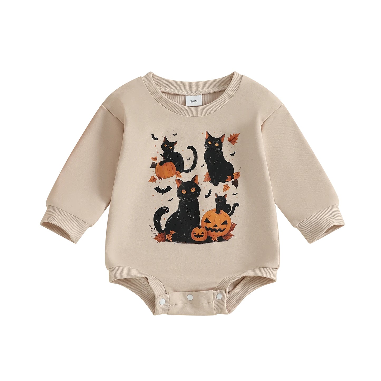 Baby Boys Girls Halloween Bubble Romper Long Sleeve Round Neck Black Cat Ghost Print Romper Fall Playsuit