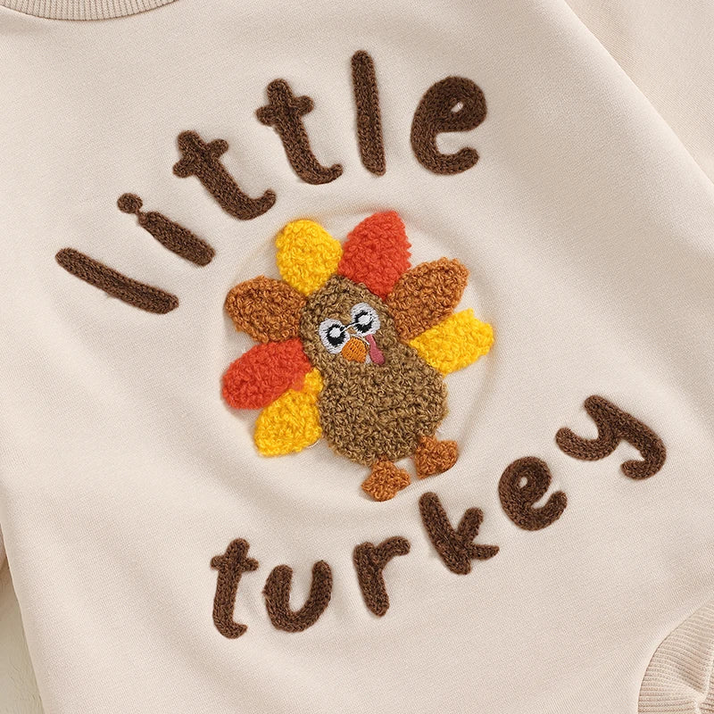 Baby Boys Girls Little Turkey Thanksgiving Romper Letter Print Turkey Embroidery Long Sleeves Round Neck Bubble Jumpsuit