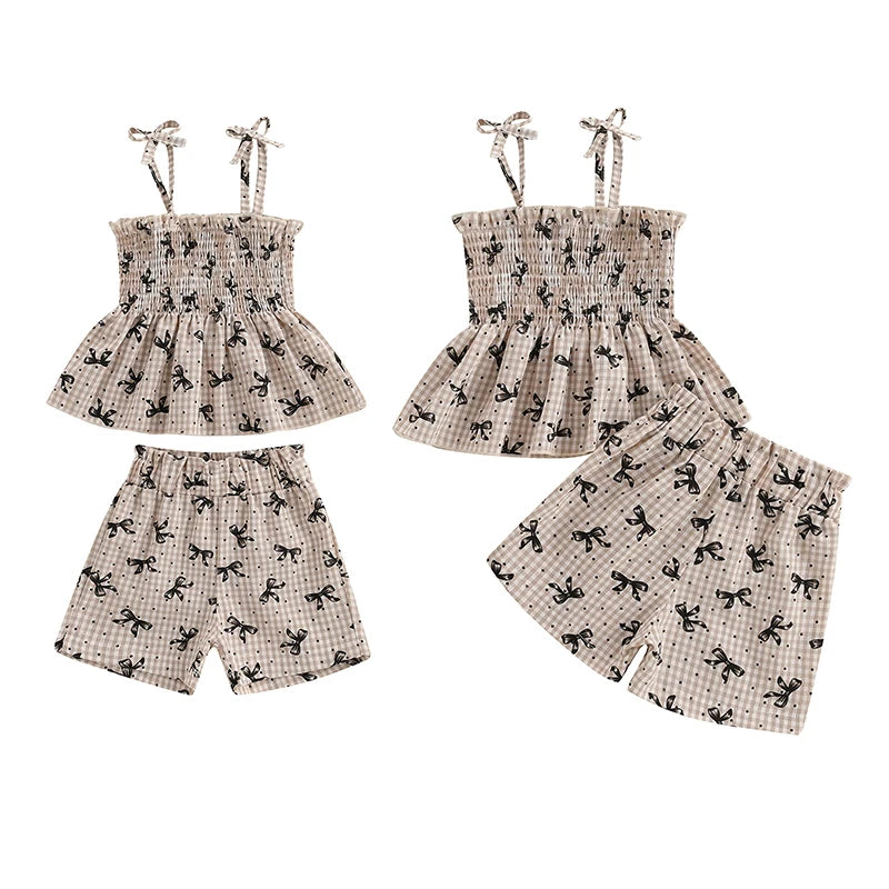 Baby Toddler Girls 2Pcs Summer Clothes Plaid Bow Print Spaghetti Strap Cami Tank Top + Elastic Waist Shorts Set