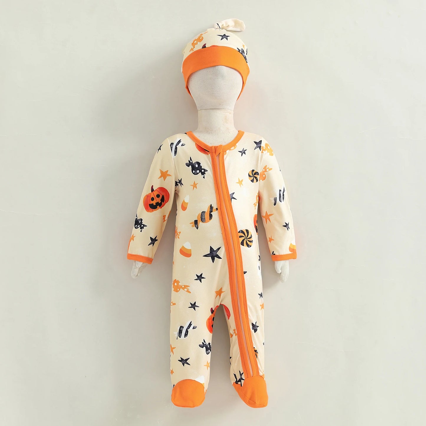 Baby Boys Girls 2Pcs Halloween Outfit Pumpkin Long Sleeve Zip-up Footed Zipper Romper and Knot Hat Fall Set