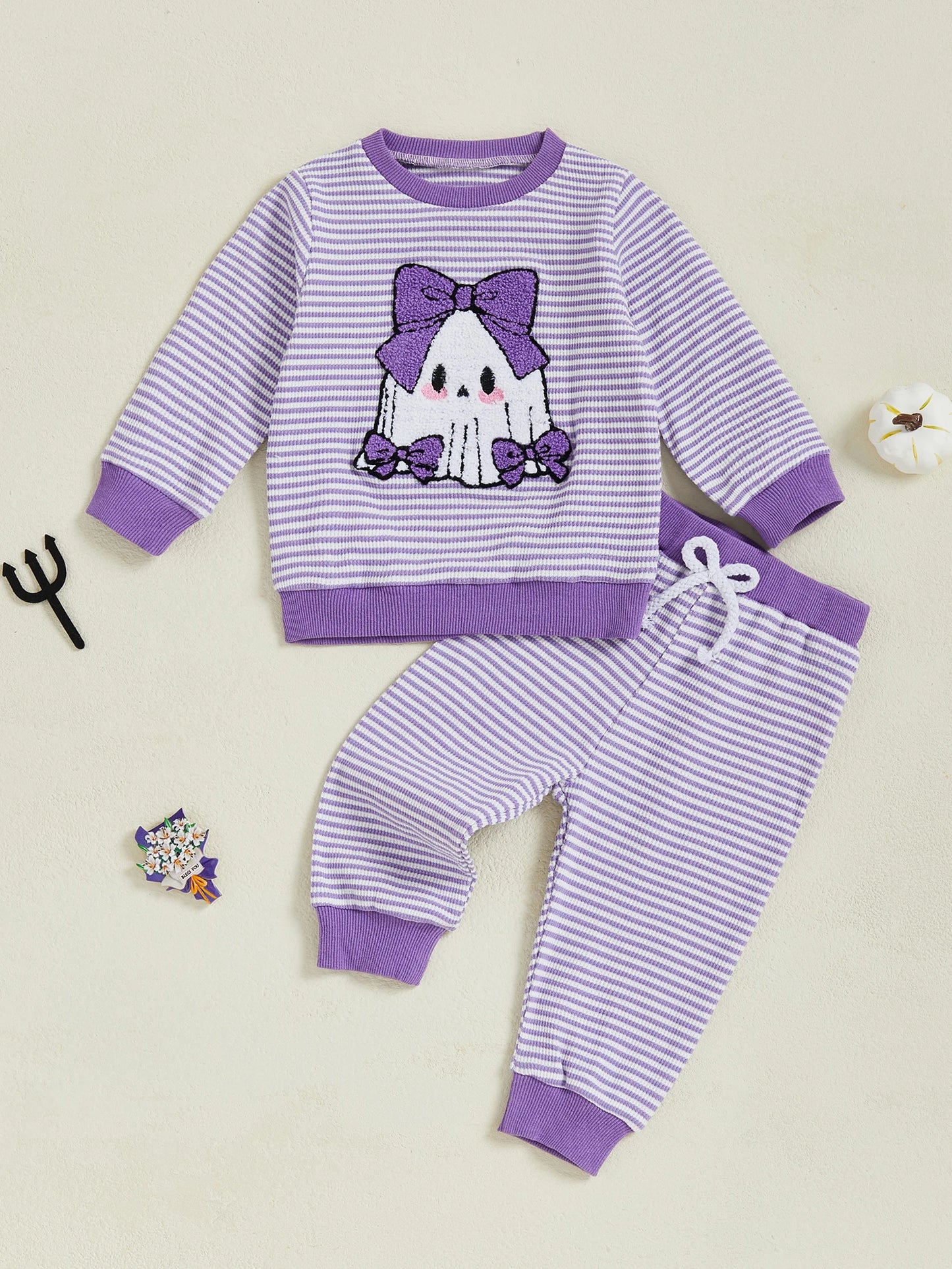 Baby Toddler Girls 2Pcs Pants Set Embroidery Ghost Long Sleeve Top with Striped Jogger Pants Halloween Clothes