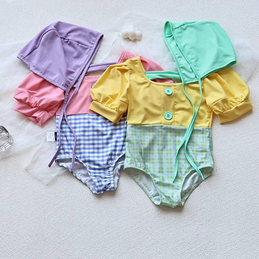 Girls Puff Sleeve 2 Pcs Swimsuit Set
