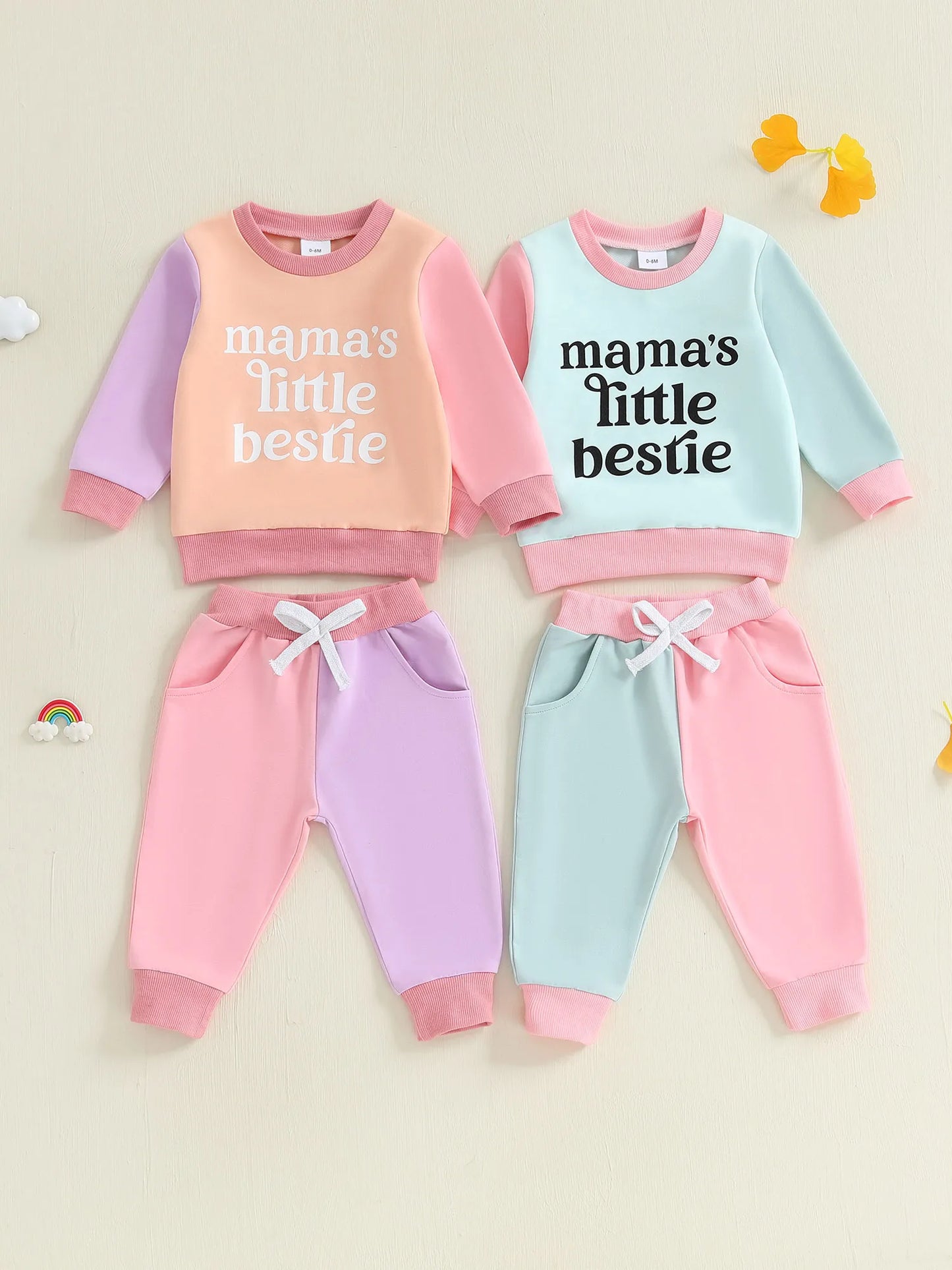Baby Toddler Girls 2Pcs Mama's Little Bestie Long Sleeve O Neck Contrast Color Top Drawstring Pants Jogger Set