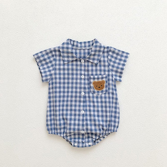 Boys Plaid Bear Patch Bodysuit Romper