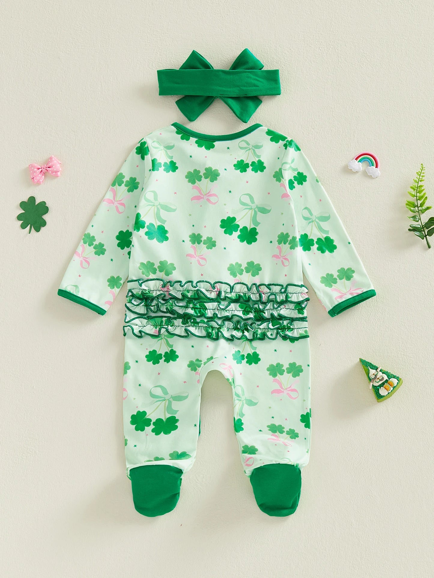 Baby Girl 2Pcs St. Patrick's Day Jumpsuit Long Sleeve O Neck Bow Clover Print Zipper Footed Romper with Headband Set