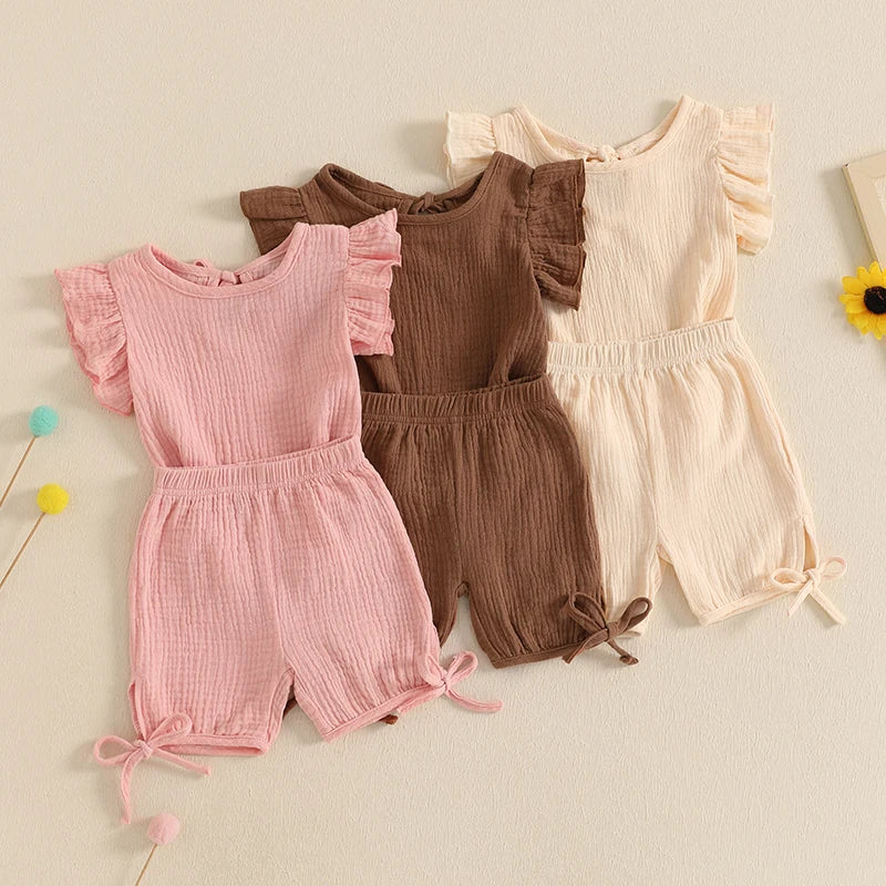 Baby Toddler Girls 2Pcs Summer Outfit Solid Color Short Frill Sleeve Round Neck Top + Elastic Waist Tie Shorts Set