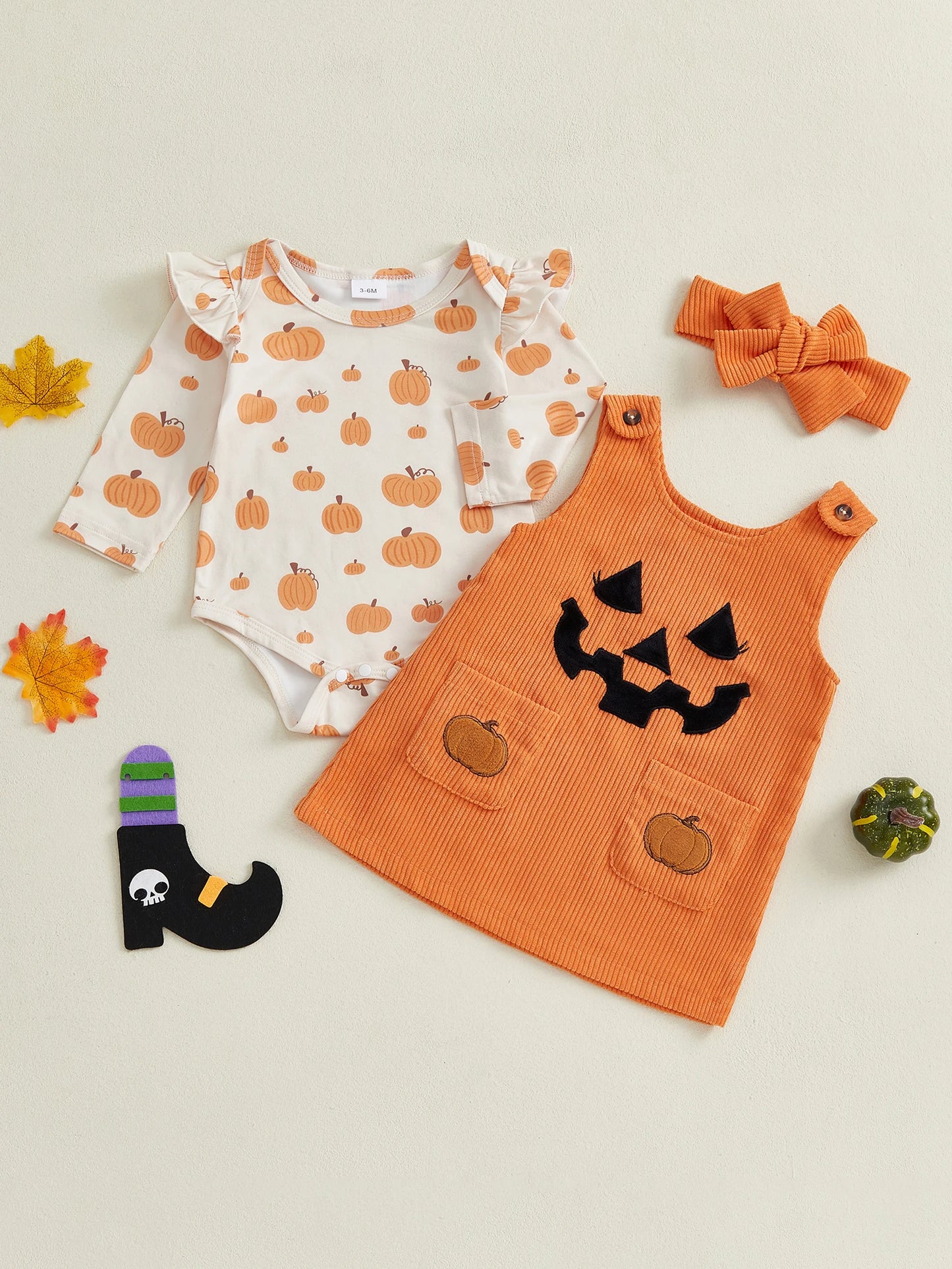 Baby Girls 3Pcs Halloween Outfit Pumpkin Ruffle Long Sleeve Romper Overall Dress Headband Set