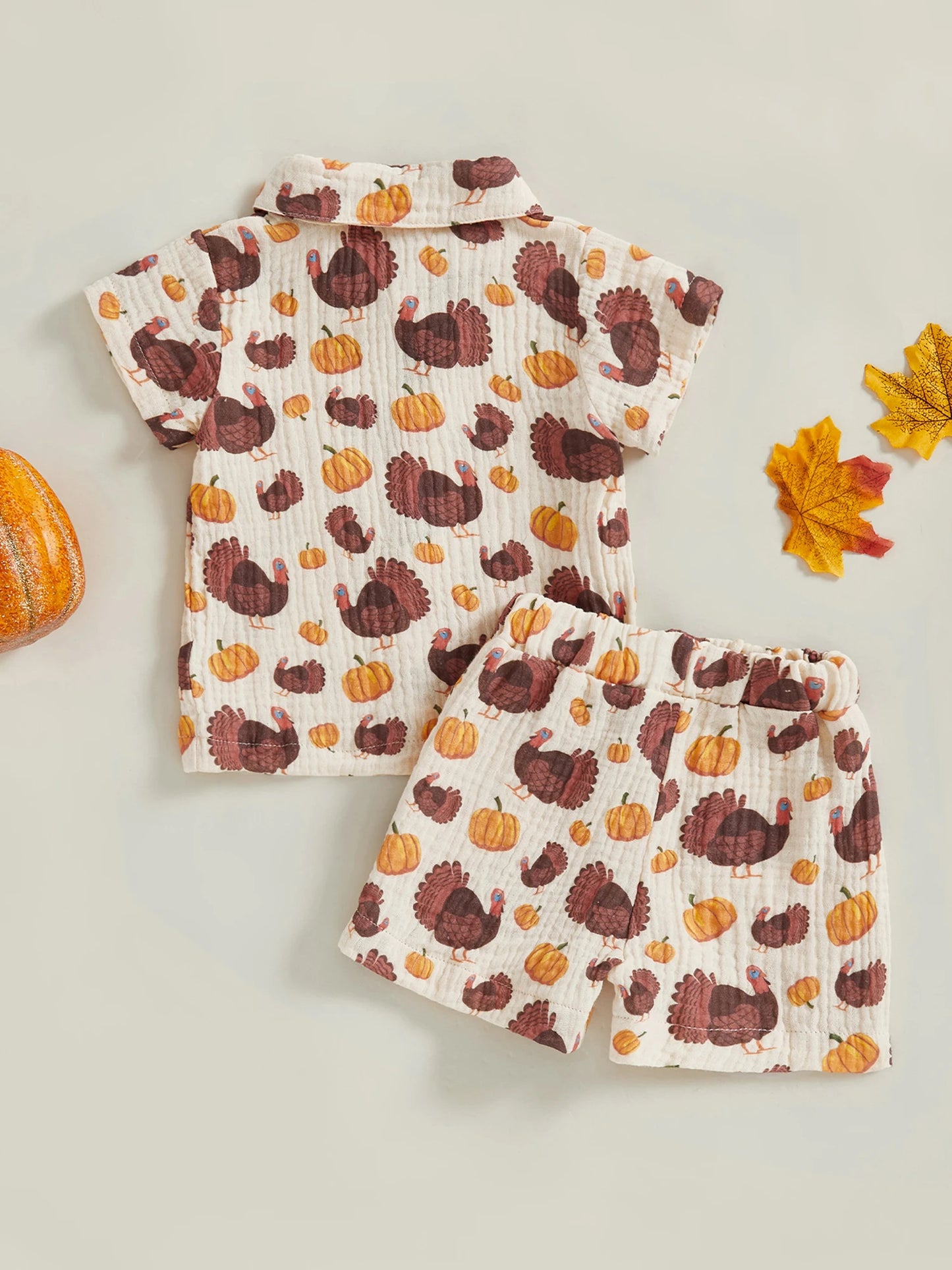 Baby Toddler Boys 2Pcs Thanksgiving Day Short Sleeve Lapel Button Up Turkey Pumpkin Print Top and Shorts Sets