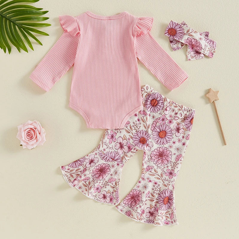Baby Girls 3Pcs Spring Outfit Solid Color Ribbed Button Long Sleeve Romper Flowers Floral Print Flared Pants with Bow and Headband Set