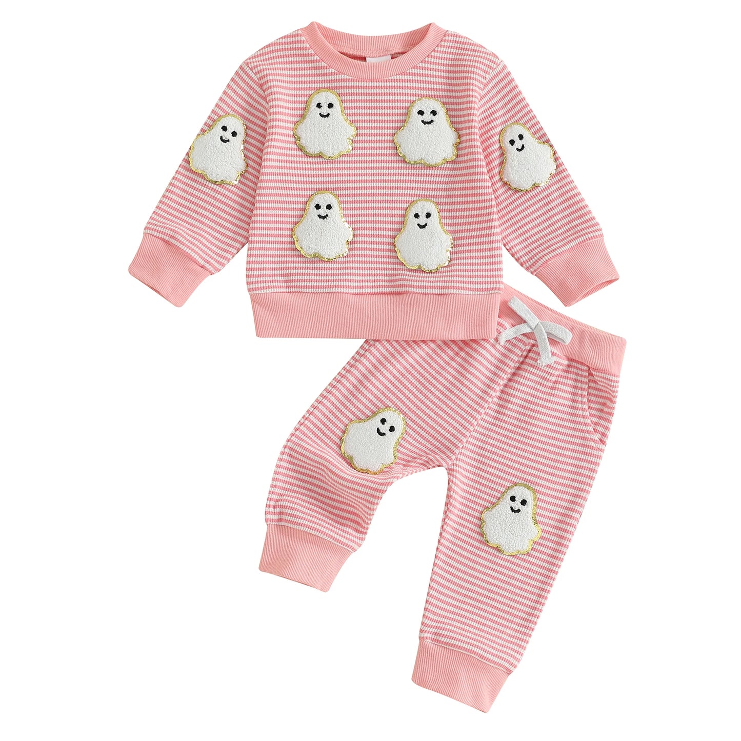 Baby Toddler Boys Girls 2Pcs Halloween Outfit Ghost Pumpkin Pattern Striped O-Neck Long Sleeve Top with Pants Jogger Set