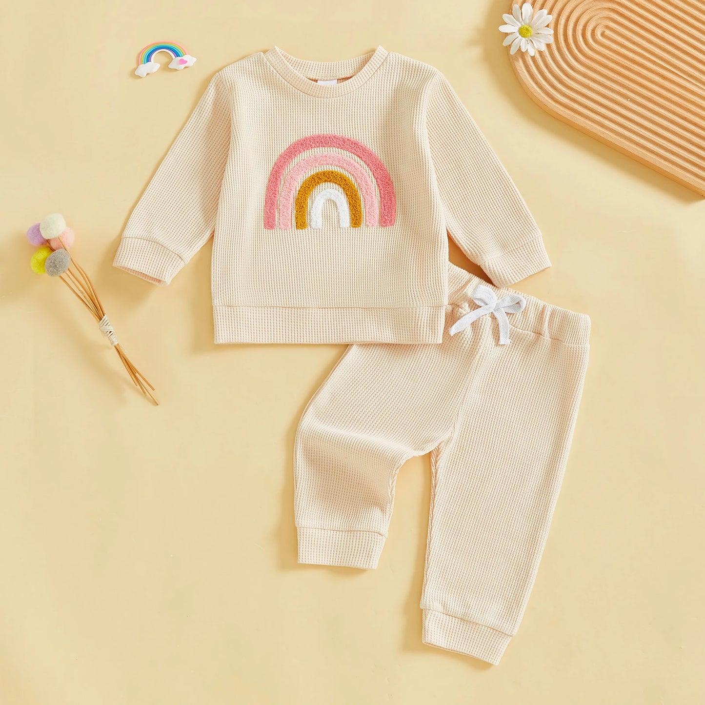 Baby Toddler Girls 2Pcs Fall Set Fashionable Rainbow Embroidery Long Sleeve Pullover Top with Jogger Pants Outfit
