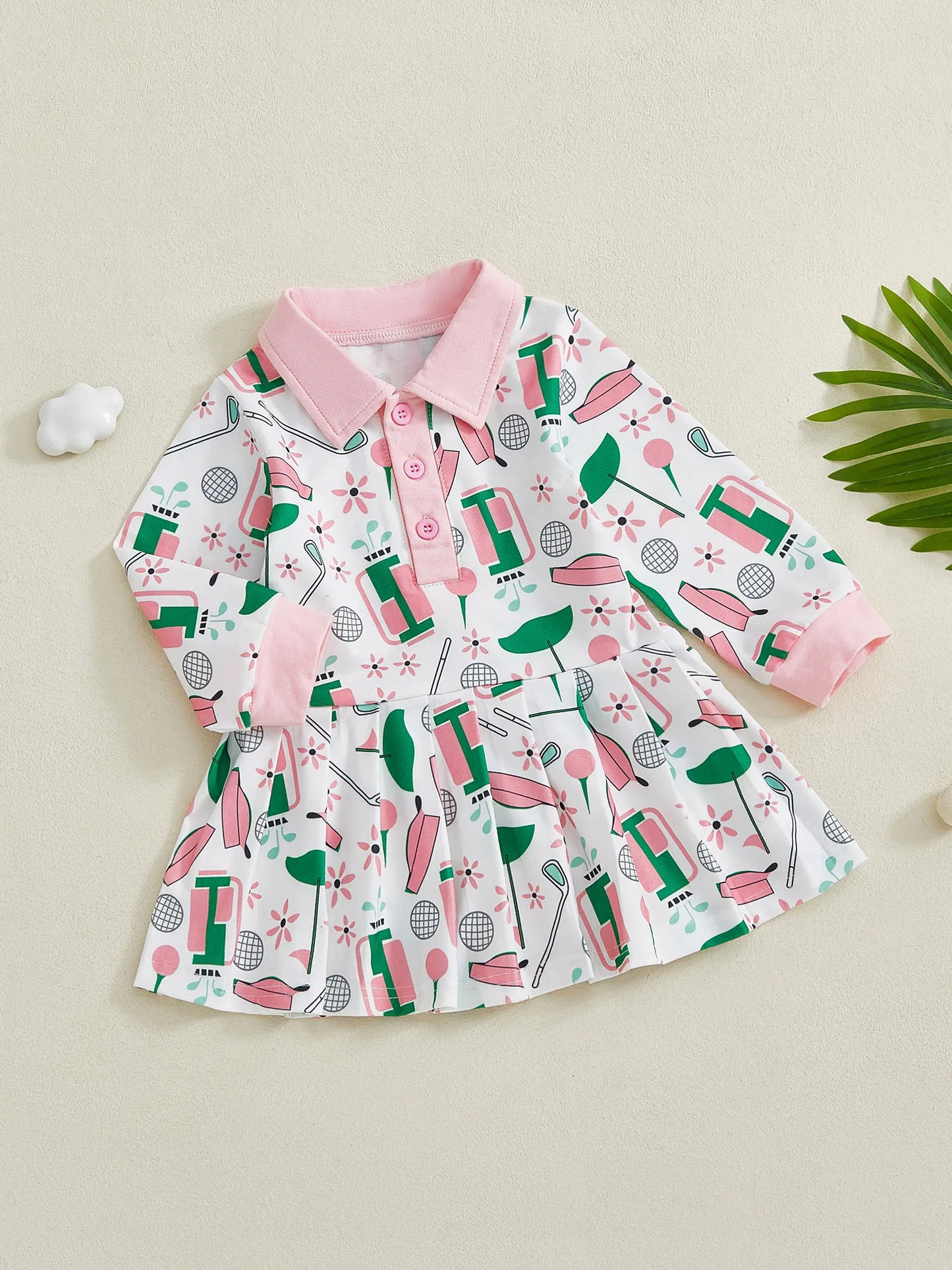 Baby Toddler Girl Golf Print Dress Lapel Button Front Long Sleeves A Line Dress