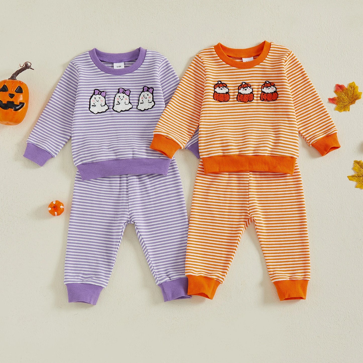 Baby Toddler Girls Boys 2Pcs Striped Set Halloween Ghost Embroidery Long Sleeve Pullover Top with Jogger Pants Fall Outfit