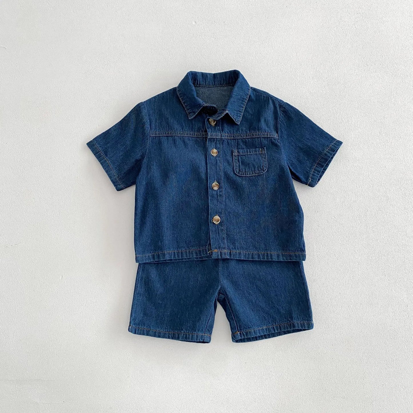 Solid Button Up Denim Shorts Set