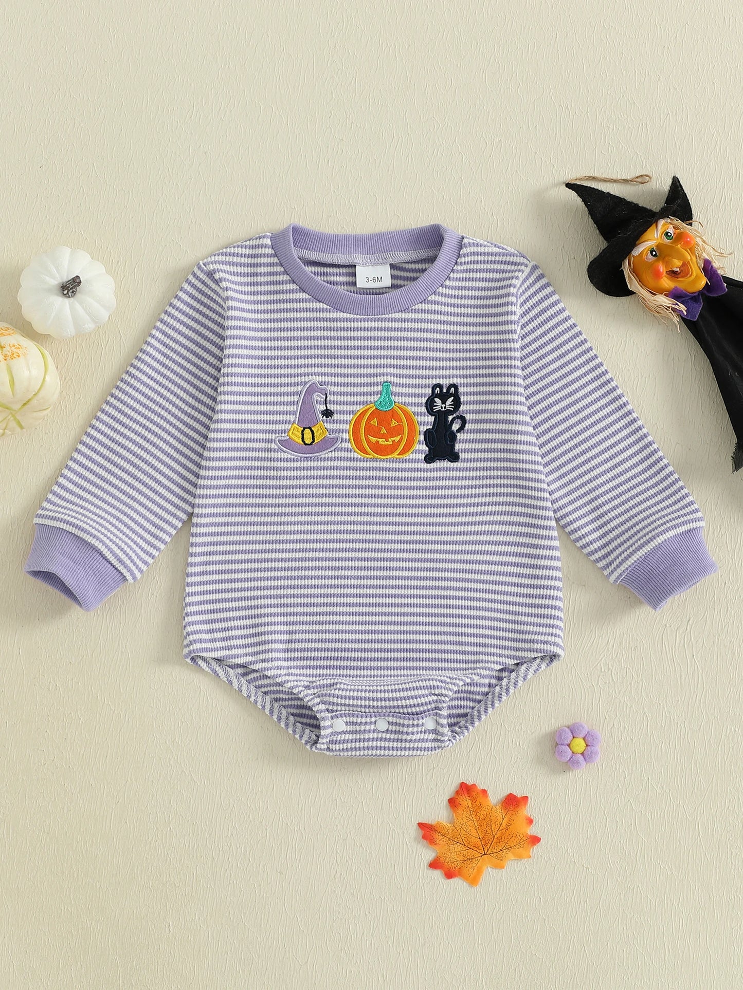Baby Girls Boys Halloween Romper Long Sleeve Crew Neck Pumpkin Ghost Embroidery Bodysuit Fall