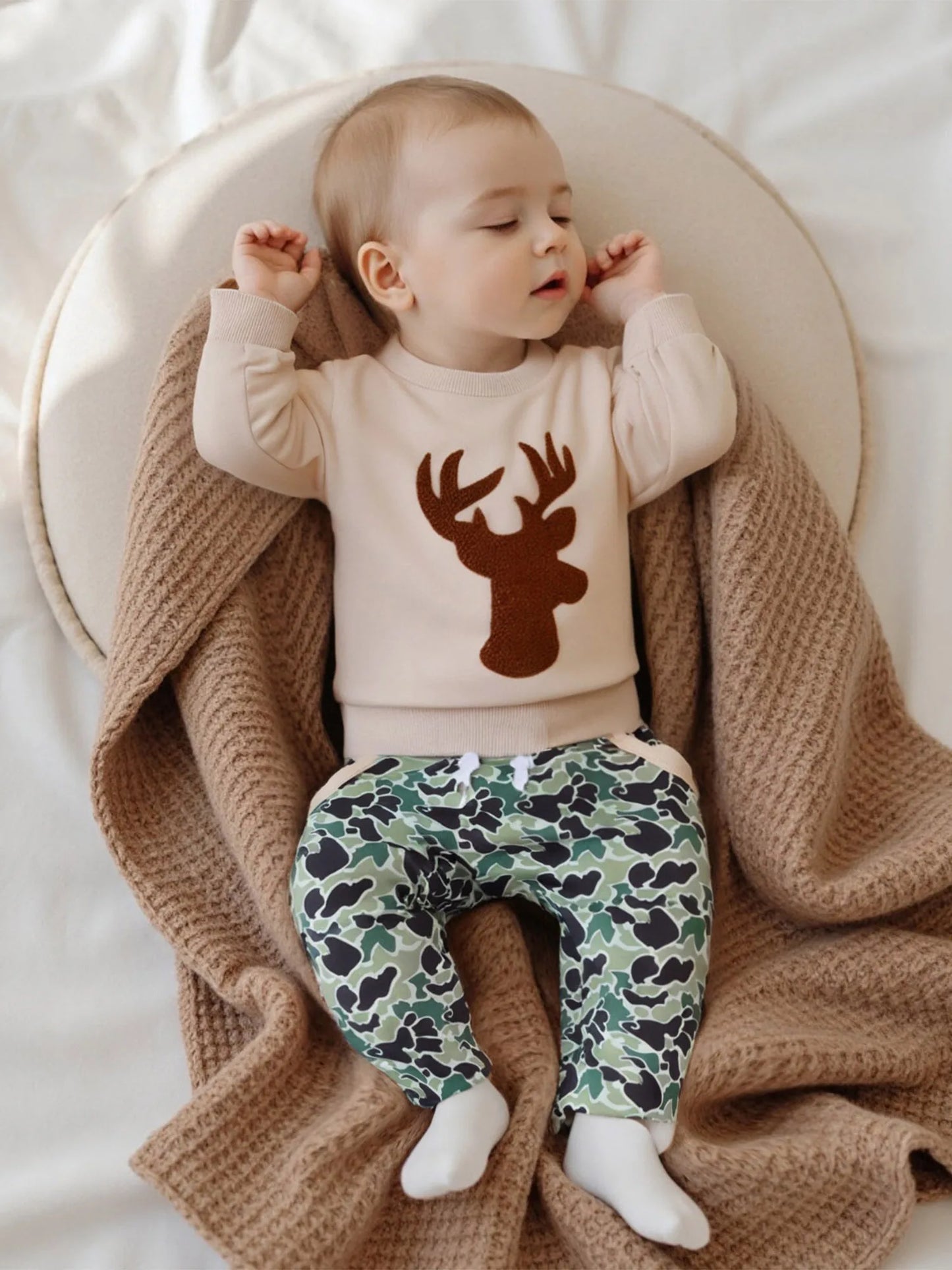 Baby Toddler Boys 2Pcs Fall Outfit Deer Print Long Sleeve Crewneck Top and Elastic Camouflage Pants Clothes Jogger Set