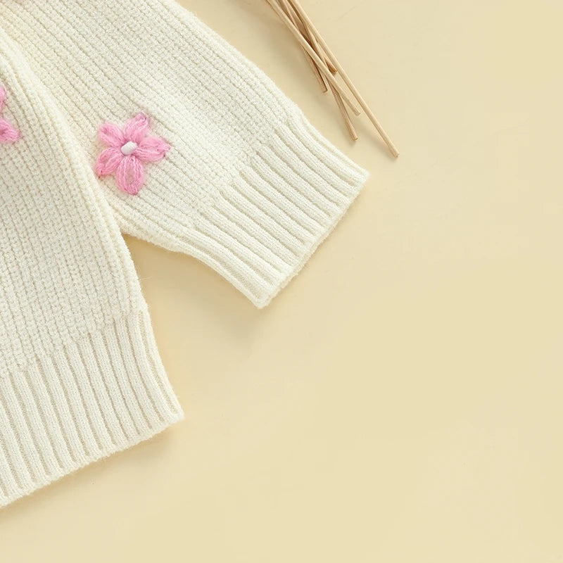 Baby Toddler Girl Mama's Bestie Knit Sweater Long Sleeve Flower Letters Embroidery Sweater Knitwear Top