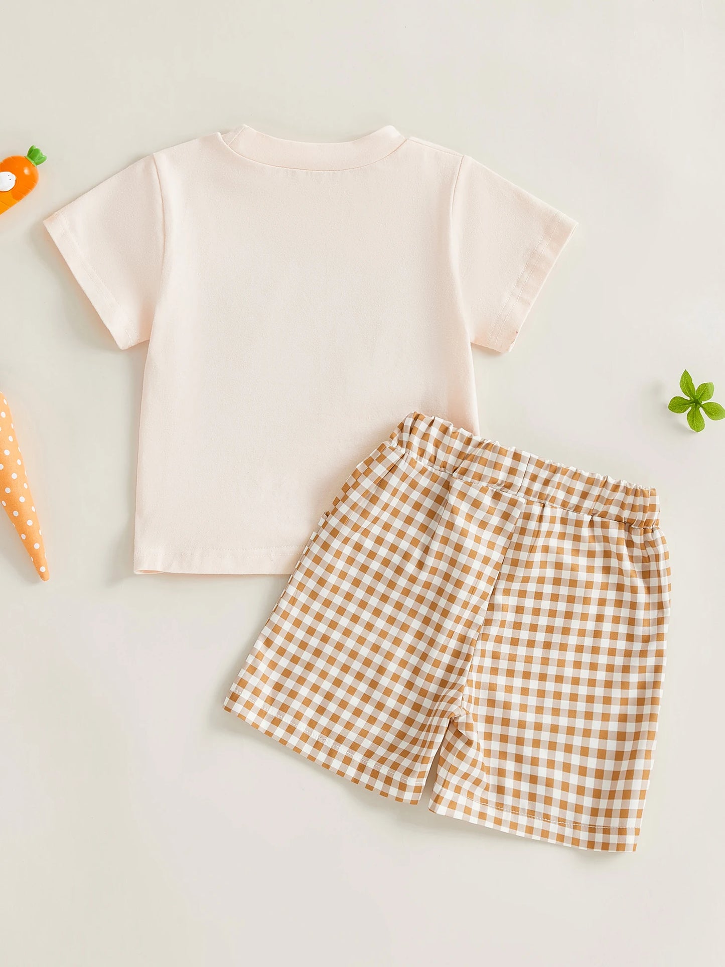 Baby Toddler Boys 2Pcs Easter Outfit Short Sleeve Round Neck Rabbit Embroidery Top and Plaid Shorts Set