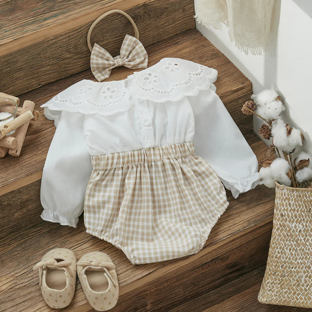 Plaid lace Collar Romper