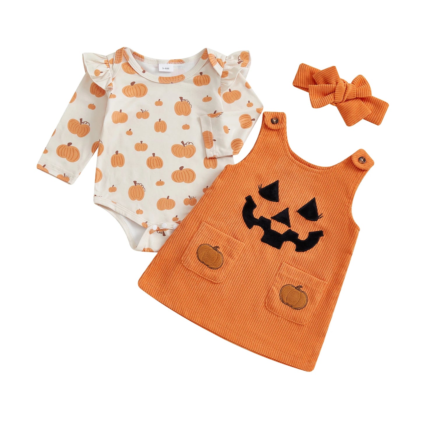 Baby Girls 3Pcs Halloween Outfit Pumpkin Ruffle Long Sleeve Romper Overall Dress Headband Set