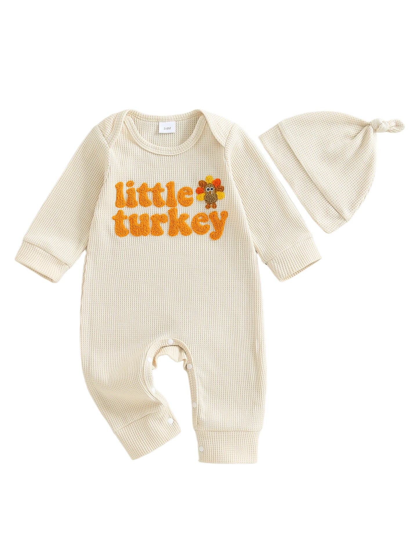 Baby Boys Girls 2Pcs Little Turkey Thanksgiving Outfit Long Sleeve Crew Neck Letter Turkey Embroidery Full Length Romper with Hat Set
