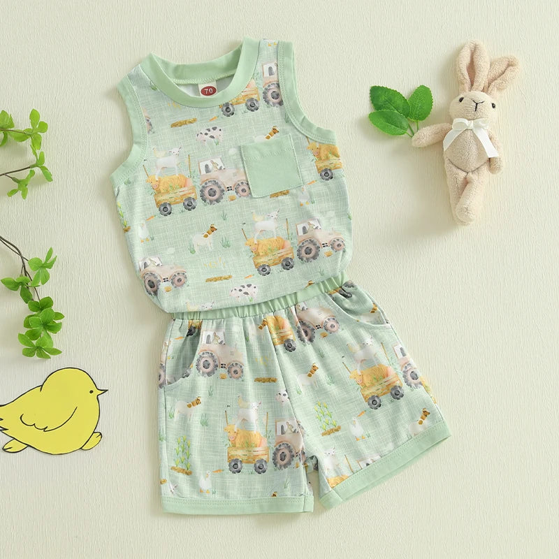 Baby Toddler Boys 2Pcs Tractor Farm Animal Sleeveless Tank Top Elastic Waist Shorts Outfit Summer Clothes Set