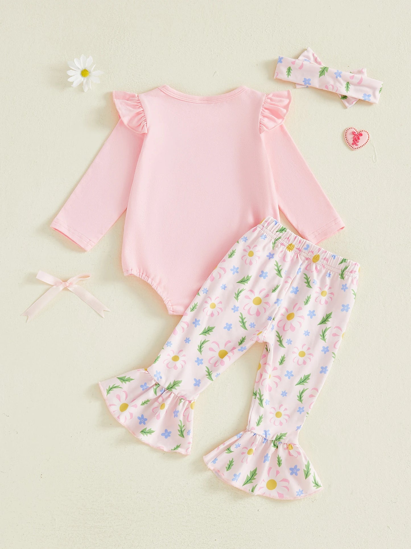 Baby Girls 3 Piece Outfit Long Sleeve Round Neck Bow Embroidery Jumpsuit Headband Elastic Waist Flared Pants Set