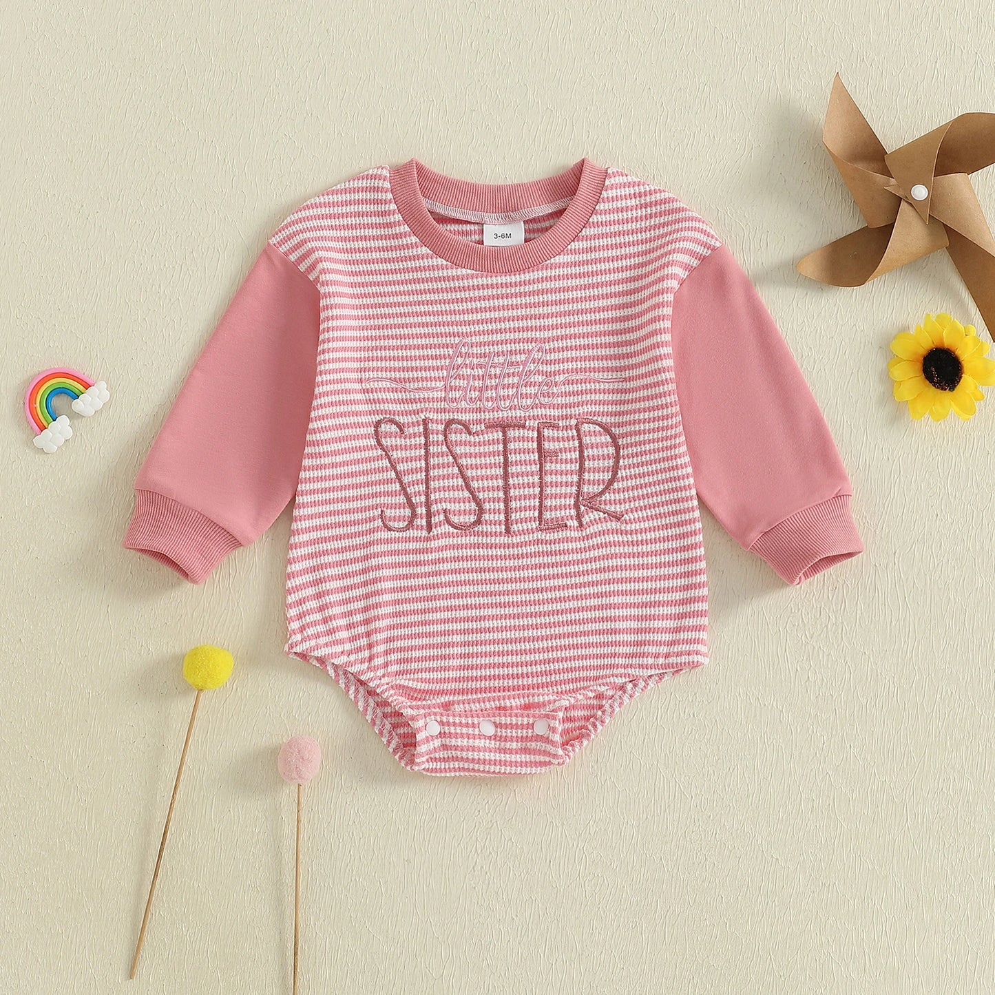 Baby Boys Girls Fall Romper Stripe Letter Little Brother Sister Embroidery Long Sleeve Crew Neck Bubble Jumpsuit