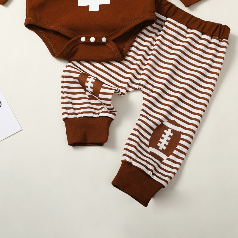 Baby Boy Girl 3Pcs Football Outfit Long Sleeve Romper Stripe Elastic Pants Hat Clothes Set