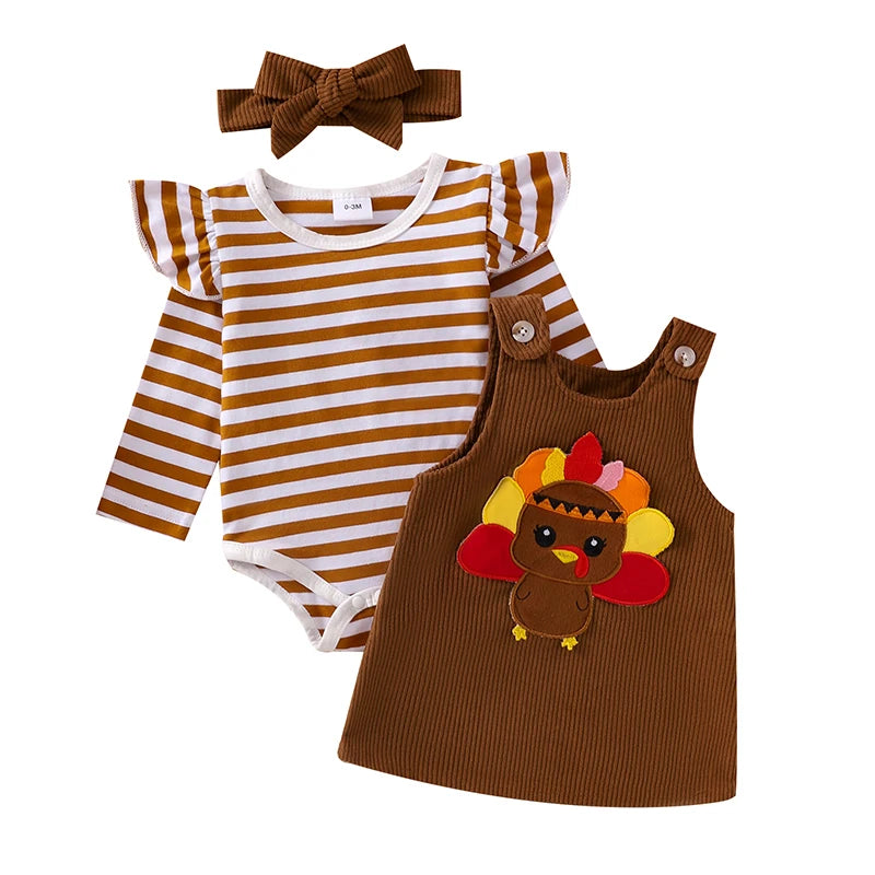 Baby Girls 2Pcs Thanksgiving Christmas Outfits Stripe Long Sleeve Romper Turkey / Santa Embroidery Overalls Dress Headband Set