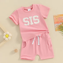 Load image into Gallery viewer, Baby Toddler Girl 2Pcs SIS Spring Summer Clothes Short Sleeve Letter Embroidery Top Drawstring Shorts Outfit Set Siblings Sister
