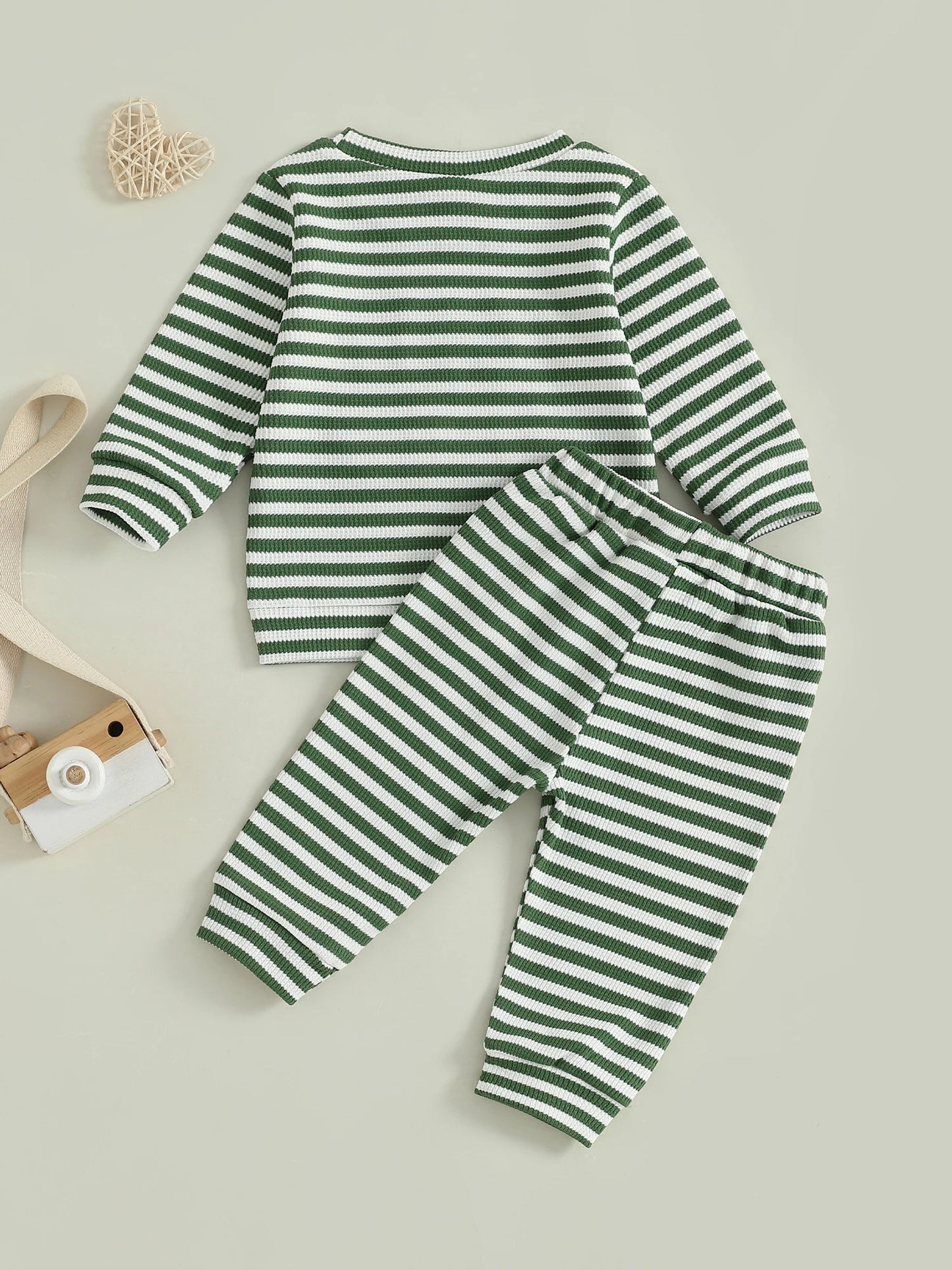 Baby Toddler Boys 2Pcs Mama's Boy / Little Dude Waffle Outfit Letter Embroidery Striped Long Sleeve Top and Elastic Pants Set