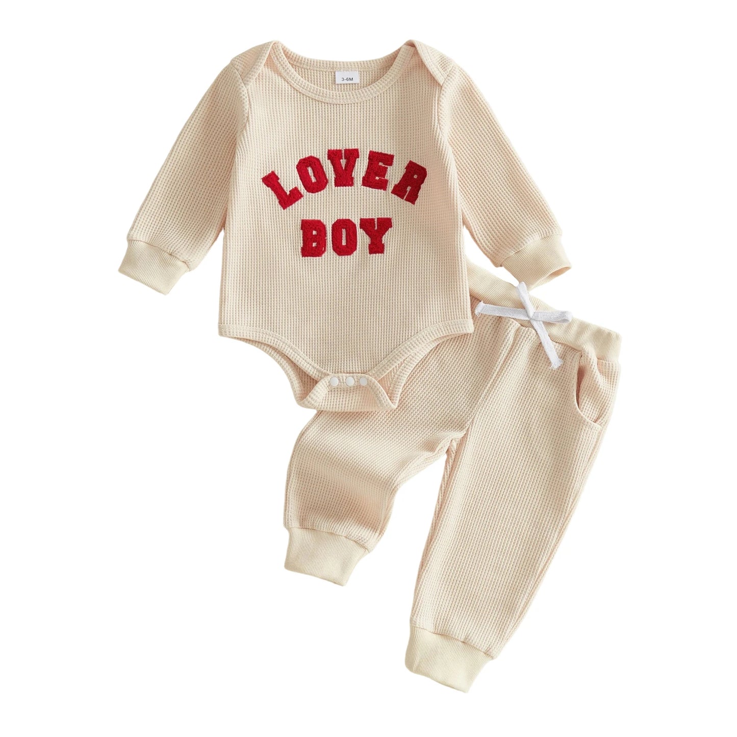 Baby Boys 2Pcs Lover Boy Valentine's Day Outfit Long Sleeve Crew Neck Letter Embroidery Romper Drawstring Jogger Pants Set