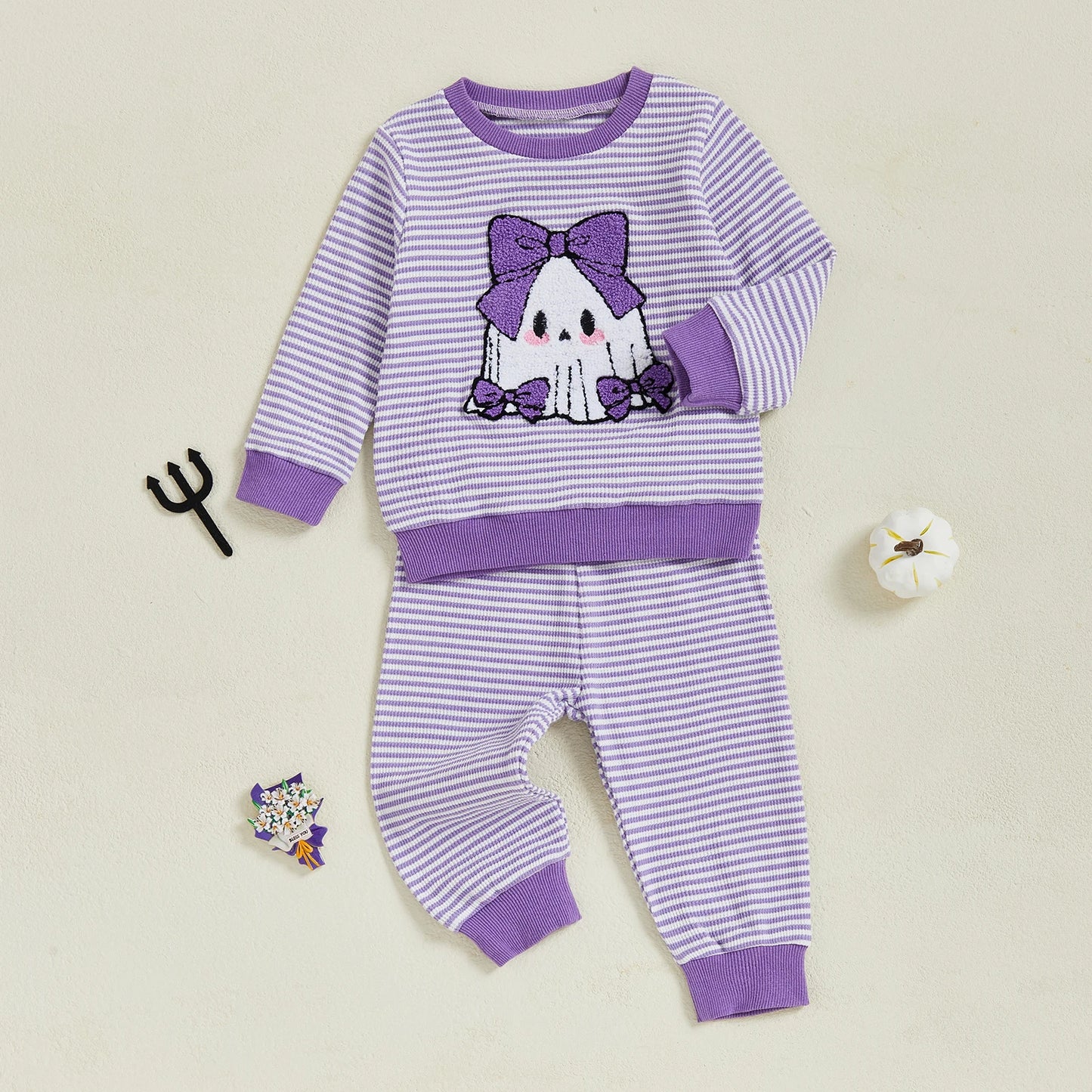 Baby Toddler Girls 2Pcs Pants Set Embroidery Ghost Long Sleeve Top with Striped Jogger Pants Halloween Clothes
