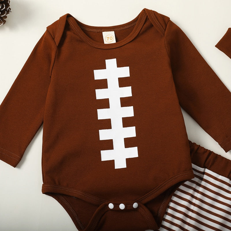 Baby Boy Girl 3Pcs Football Outfit Long Sleeve Romper Stripe Elastic Pants Hat Clothes Set